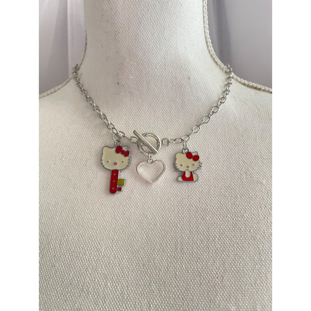 Silver hello kitty red charm heart choker necklace